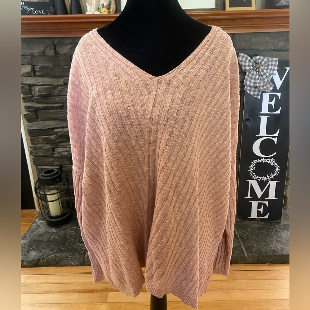 Eileen Fisher Ribbed V-Neck Sweater in Dusty Rose- Organic Linen/Cotton